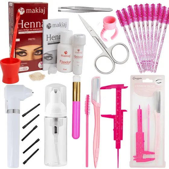 Kit para Design de Sobrancelha com Henna Completo Mixer Paquimetro Navalha Renna Sombrancelha Makiaj