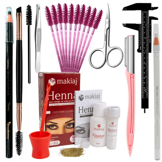 Kit Sobrancelha Profissional Henna Makiaj Paquimetro Pincel Dappen Lápis Dermatografico Escovinha