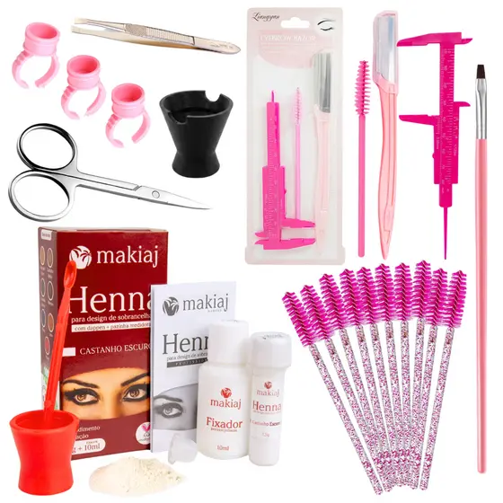 Kit Design para Sobrancelhas Henna Makiaj Hipoalergênica Paquimêtro Navalha Completo Kit Sobrancelha