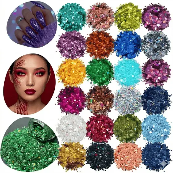Kit 24 Glitter Unhas Encapsuladas Holográfico Flocado Fino Strass Resina Maquiagem 24 Cores Colorido
