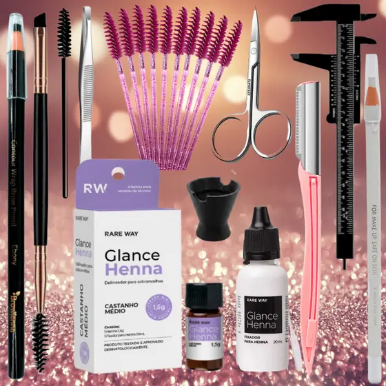 Kit Design De Sobrancelha Completo Henna Glance Profissional e Iniciante Rare Way Kit Sombrancelhas