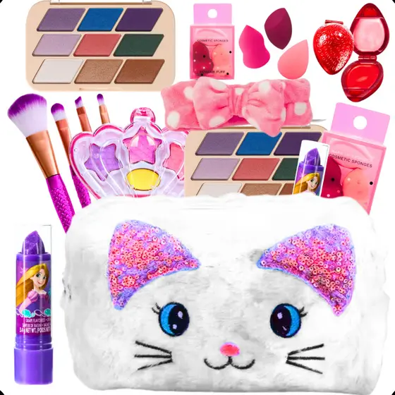 Kit Maquiagem Infantil Nécessaire 8 Itens de Qualidade Batom Sombra Glitter Pincel Brilho Princesa