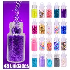 Glitters Decoração De Unhas Kit 48 Potinhos Lantejoula Strass Unhas Flocado Holografico Diversos