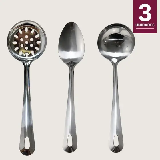 Concha Inox Escumadeira Inox Colher Servir Aço Inoxidável Resistente Cozinha Gourmet Kit 3 Peças