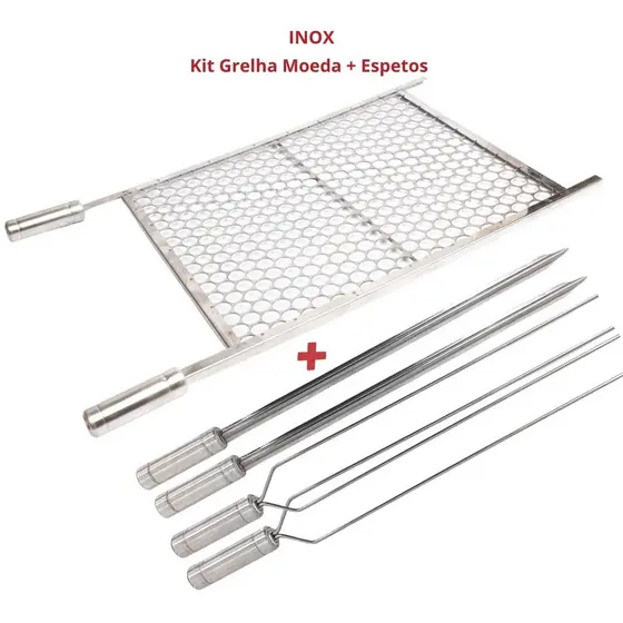 Kit Grelha Inox 70x50cm + 4 Espetos Espada E Duplo Churrasco