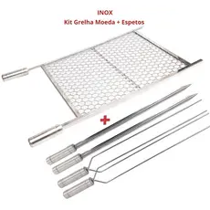 Kit Grelha Inox 70x50cm + 4 Espetos Espada E Duplo Churrasco