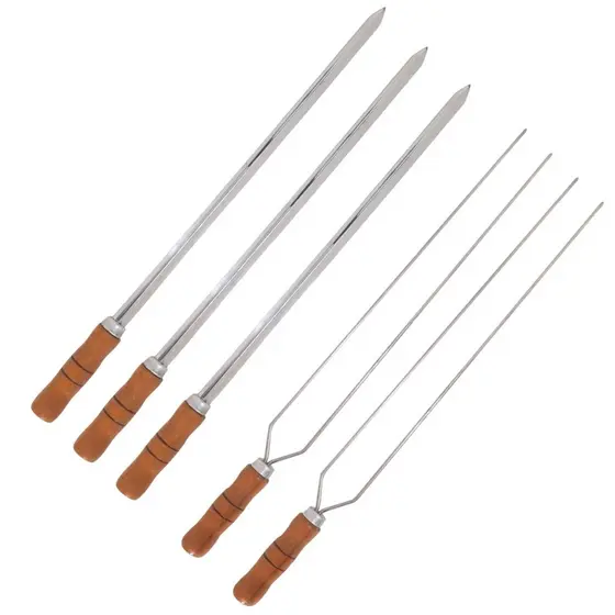 Kit 5 Espetos Espada E Duplo Inox 70cm Com Cabo De Madeira
