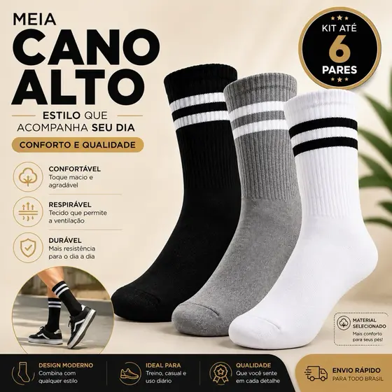 Meias Cano Alto Moderna Com 1 Até 6 Pares Adulto
