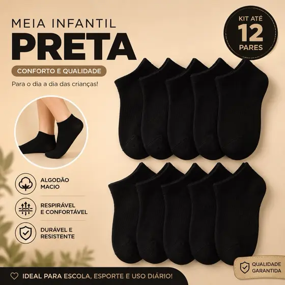 Kit 3 A 12 Pares De Meias Infantil Pretas ALGODÃO