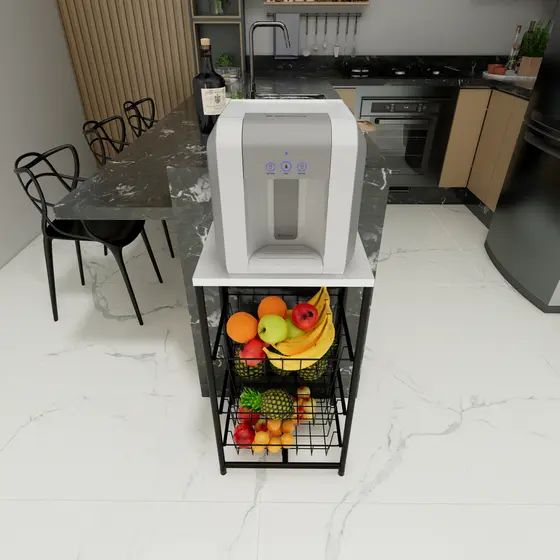 Fruteira De Chão Cozinha Aço MDF 3 Cestos Removível Multiuso