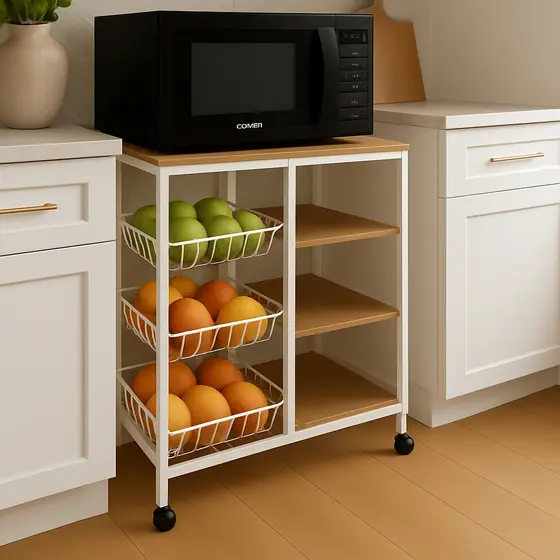 Fruteira De Chão Suporte Microondas Organizador Aço Com Rodinha