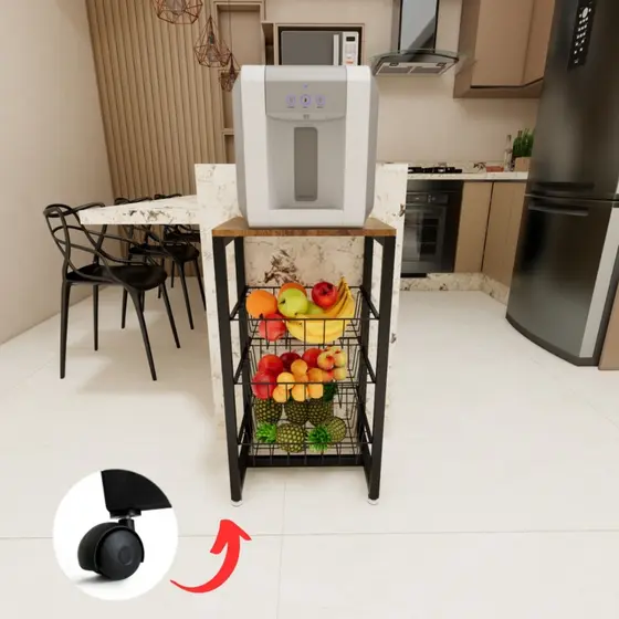 Fruteira De Chão Cozinha Aço MDF 3 Cestos Multiuso Rodinha