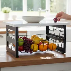 Fruteira Em Aço Balcao ou Bancada 1 Cesto Multiuso Para Mesa MDF Preto Amadeirado Branco