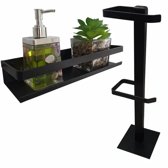 Kit Porta Papel Higiênico De Chão E Prateleira Preto Fosco