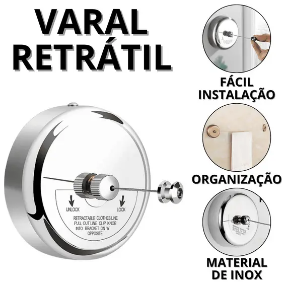 Varal De roupa Retrátil Parede Varau Retratil Varol De parede 3 Metros Banheiro Lavanderia