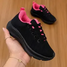 Tênis Infantil Menina Preto com Detalhes Rosa Escolar