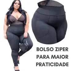 Calça Legging Plus Size Feminina Grossa Cintura Alta Bolso Ziper Legging Plus Size Fitness