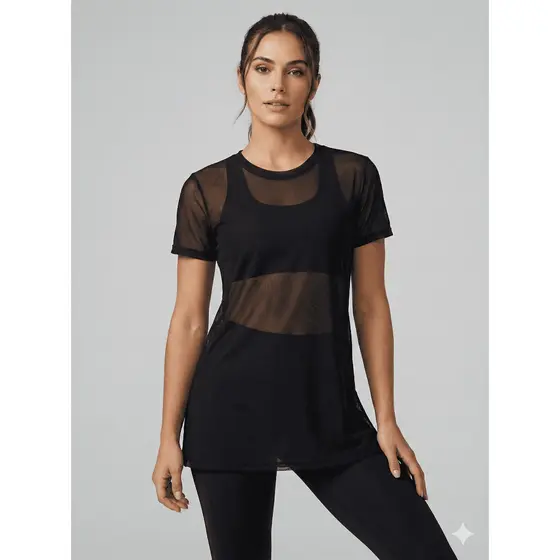 Blusa Feminina Transparente de Tule Manga Curta Camiseta Academia Treino