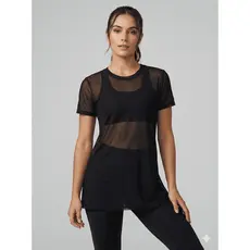Blusa Feminina Transparente de Tule Manga Curta Camiseta Academia Treino