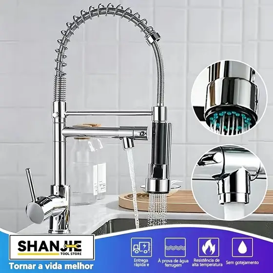 Torneira Cozinha Gourmet Monocomando Com Spray Extensor Prata  superior Tubo de água flexível para ajustar
