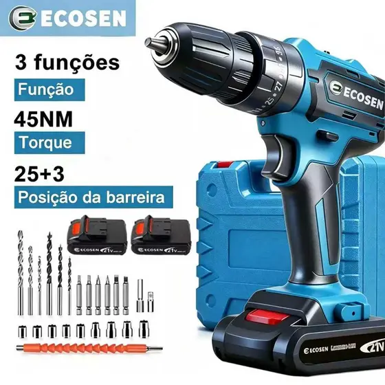 Parafusadeira Furadeira Impacto Sem Fio 21V 45N.m Bivolt Kit Maleta 2 Baterias 28 Peças Furar Parafusar