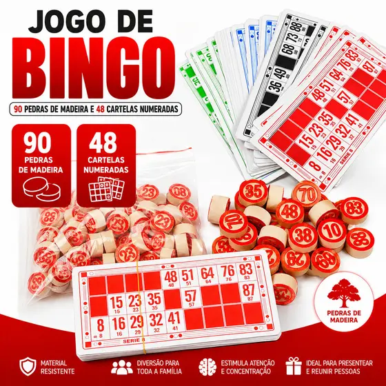 Jogo De Bingo 90 Pedras De Madeira E 48 Cartelas Numeradas