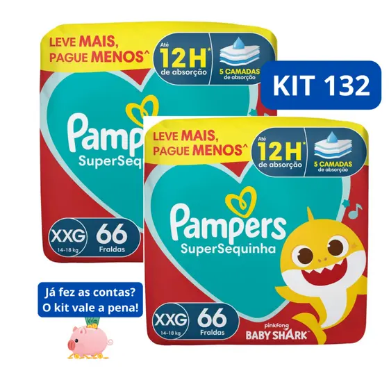 Kit Fraldas Descartáveis Pampers SuperSequinha - Tamanho XXG 132 unidades