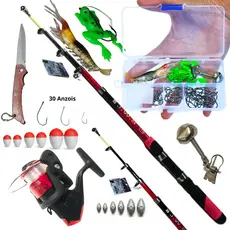Kit Pesca Lambari e Tilápia Vara +Molinete + Linha + 30 Anzol e Acessórios