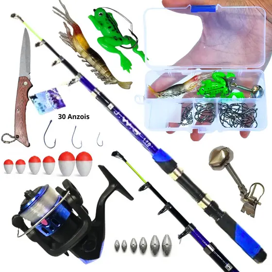 Kit Pesca Lambari e Tilápia Vara + Molinete + Linha  + 30 Anzol  e Acessórios
