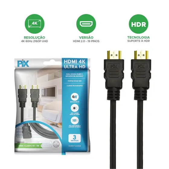 Cabo Hdmi 2.0 4k 3d Ultrahd 19 Pinos 60hz 2 Mts Original Pix