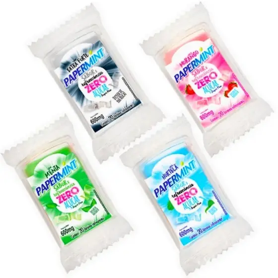 4 Lâminas PaperMint Solúveis 0 açúcar total de 80 laminas Morango menta hortelã e extra forte