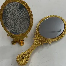 Espelho De Mão Dobrável de Princesa Laço Dourado Para Maquiagem 19x8,5cm