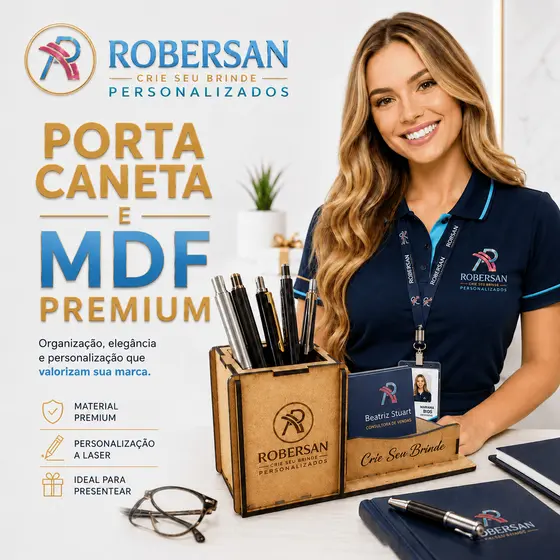 Kit Porta Caneta e Cartão de Visita MDF Personalizado Brinde Corporativo Escritório Empresa 5 10 20
