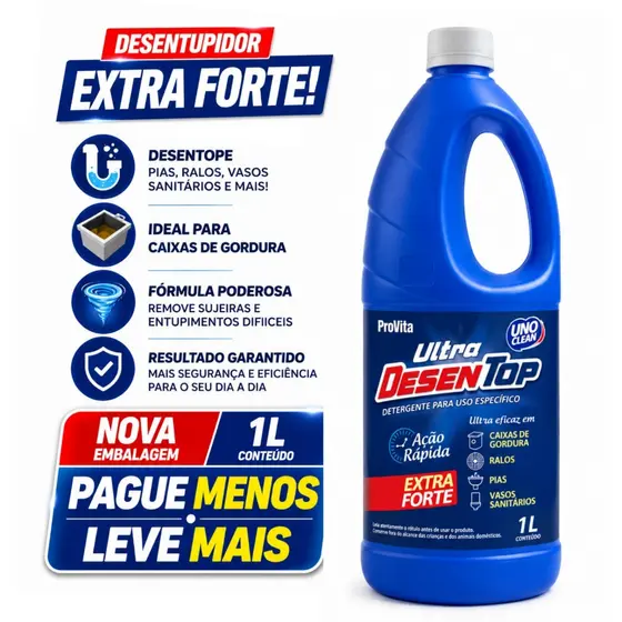 Desentupidor Líquido 1L Ultra Desentop Caixa de Gordura Cano Ralo Pia Vaso Sanitário - LIMPA FOSSA