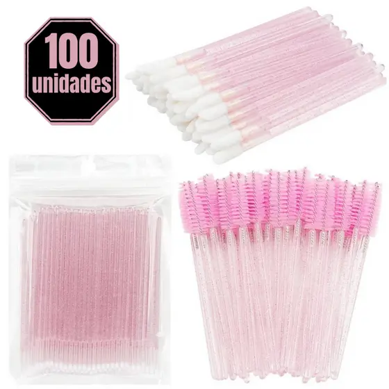 Kit 100 Escovinhas + 100 Microbrush + 100 Aplicador de Batom Alongamento de Cílios