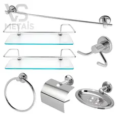 Kit Acessórios Para Banheiro Aço Inox 5 Peças + 2 Porta Shampoo Vidro Reto