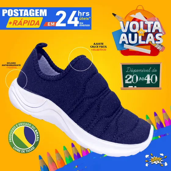 Tênis sem cadarço infantil calce fácil masculino menino uniforme escolar volta as aulas azul marinho