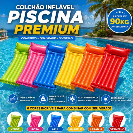 Colchão Boia Inflável Piscina com Apoio de Cabeça 190x87cm – Resistente, Confortável e Ideal para Praia ou Lago