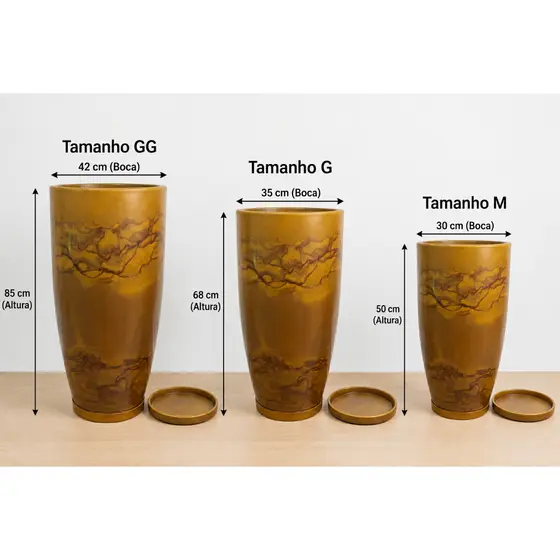 Vaso Marmorizado Luxuoso Leve Resistente Decorativo Marmorizado G e GG com Prato Anti UV Solo