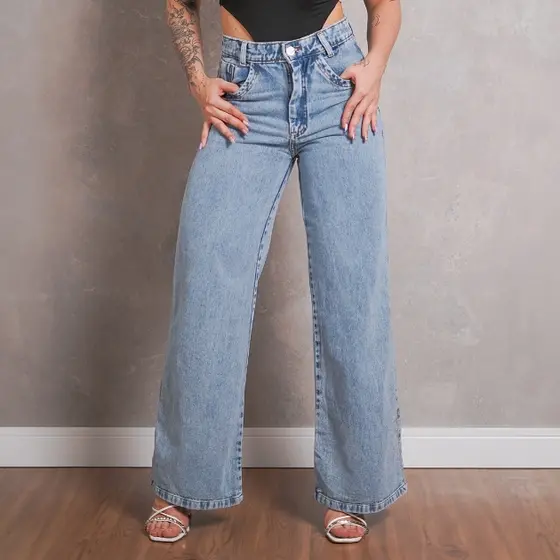 Calça Jeans Feminina Wide Leg Lisa Pantalona Tecido Grosso Cintura Alta