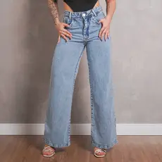 Calça Jeans Feminina Wide Leg Lisa Pantalona Tecido Grosso Cintura Alta