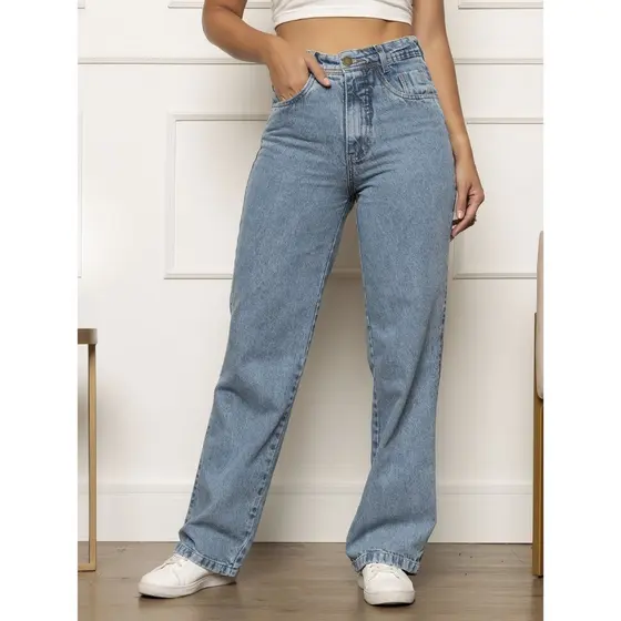 Calça Jeans Feminina Wide Leg Pantalona sem Lycra Marmorizada Cintura Alta Boca Larga Confortável