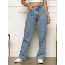 Calça Jeans Feminina Wide Leg Pantalona sem Lycra Marmorizada Cintura Alta Boca Larga Confortável