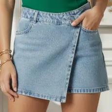 Short Saia Jeans Feminino Marmorizado Sem Lycra Cintura Alta com Bolsos Soltinho Confortável