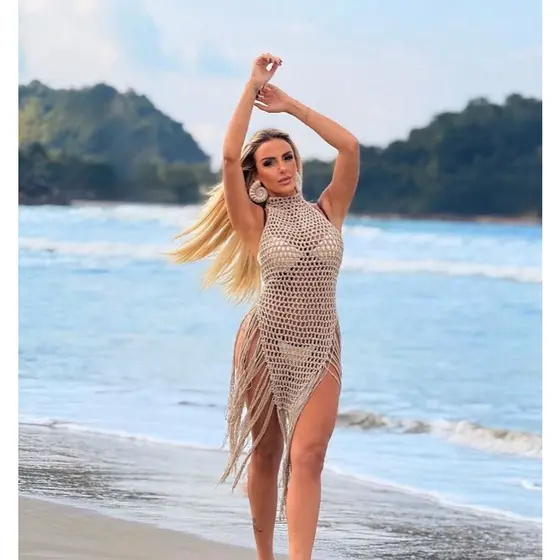 Saída de Praia em Crochê Artesanal Feminino Vestido Longo. Vestido Feminino Praia. Vestido c/ Franja