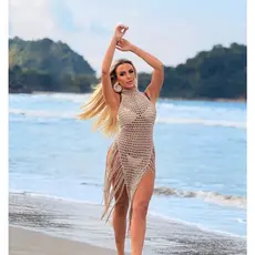 Saída de Praia em Crochê Artesanal Feminino Vestido Longo. Vestido Feminino Praia. Vestido c/ Franja