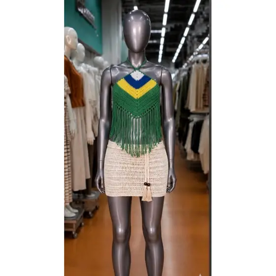 Top Crochê Brasil e oitra coresCom Franjas Frente Única Tendência Top Crochê Temático Brasil Franjas Copa Look Blogueira