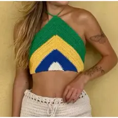 Top Crochê Brasil Frente Única Blusa Feminina Estilosa Cropped Feminino Carnaval Verão Ajustável