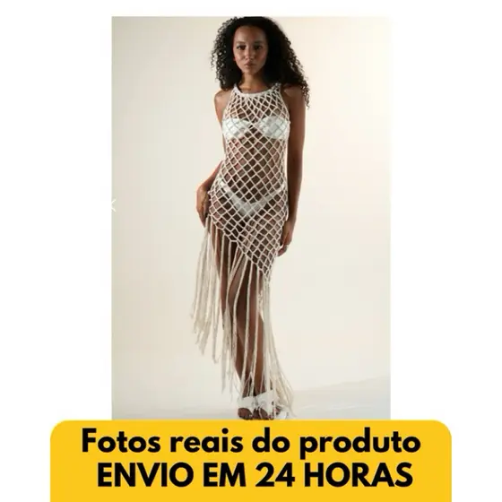 Vestido Saída de Praia Crochê Rede com Franjas Tendência Verão  Vestido Assimétrico Crochê Artesanal com Franjas Longas