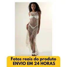 Vestido Saída de Praia Crochê Rede com Franjas Tendência Verão  Vestido Assimétrico Crochê Artesanal com Franjas Longas